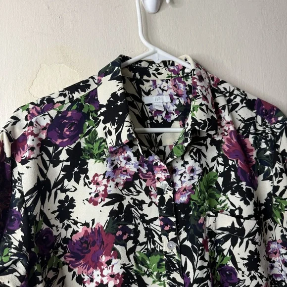J Jill Cream Floral Dark Button Front Long Sleeve Blouse - Picture 2 of 6